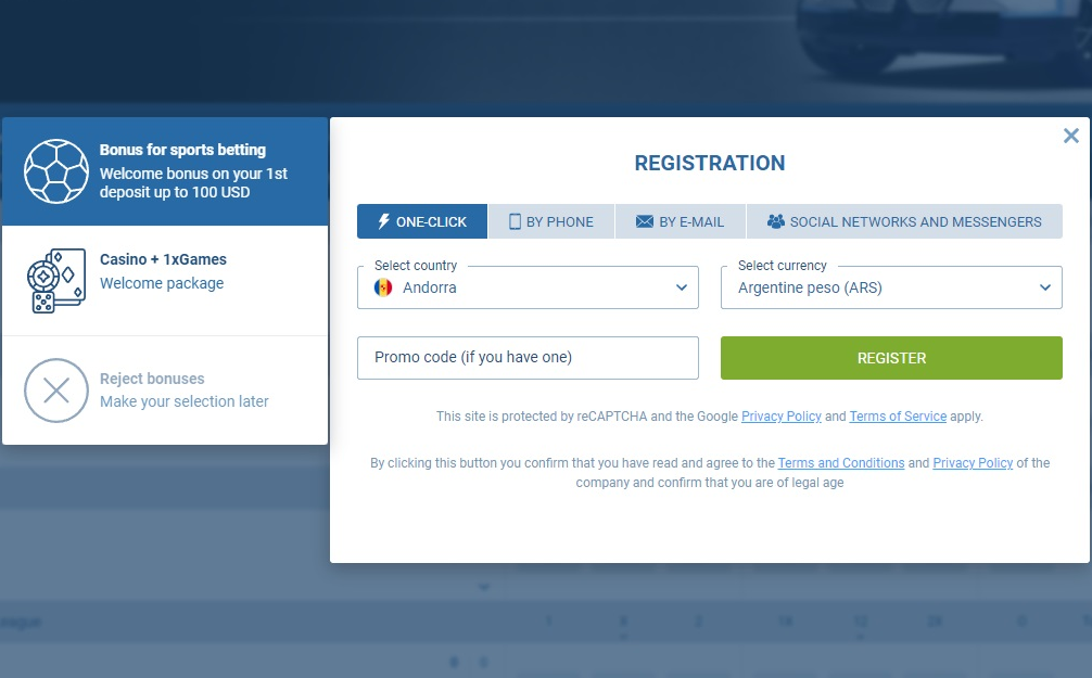 1xBet registration process steps