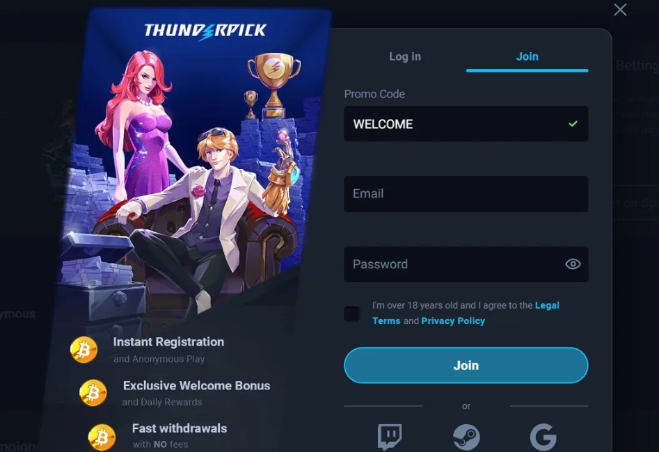 Thunderpick account registration